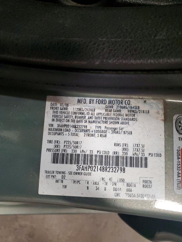 50748366 :رقم المزاد ، 3FAHP02148R232798 vin ، 2008 Ford Fusion مزاد بيع