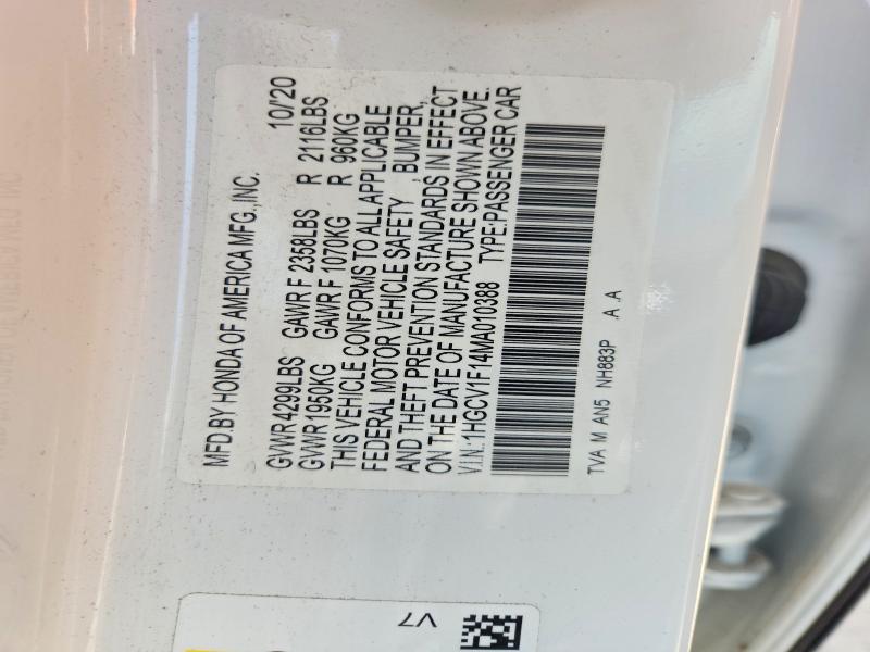 50309736 :رقم المزاد ، 1HGCV1F14MA010388 vin ، 2021 Honda Accord مزاد بيع
