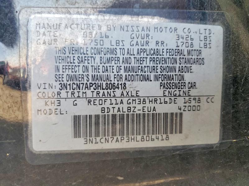 Aukcja sprzedaży 2017 Nissan Versa, vin: 3N1CN7AP3HL806418, numer aukcji: 50002276