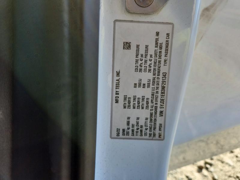 2022 Tesla Model 3 მანქანა იყიდება აუქციონზე, vin: 5YJ3E1EB3NF291343, აუქციონის ნომერი: 49497356