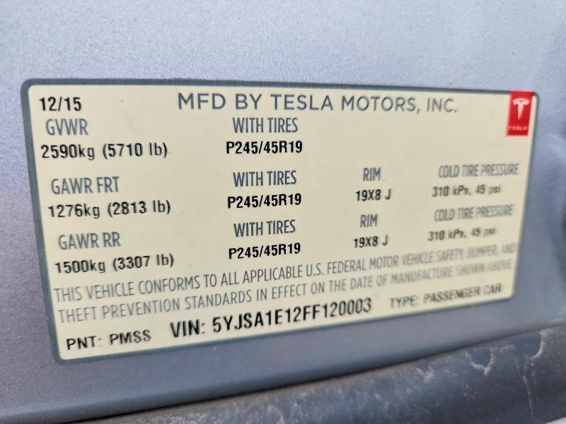 2015 Tesla Model S მანქანა იყიდება აუქციონზე, vin: 5YJSA1E12FF120003, აუქციონის ნომერი: 48620046