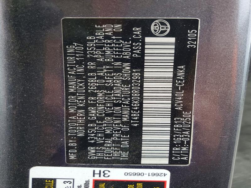 2008 Toyota Camry მანქანა იყიდება აუქციონზე, vin: 4T4BE46K08R032981, აუქციონის ნომერი: 48200406