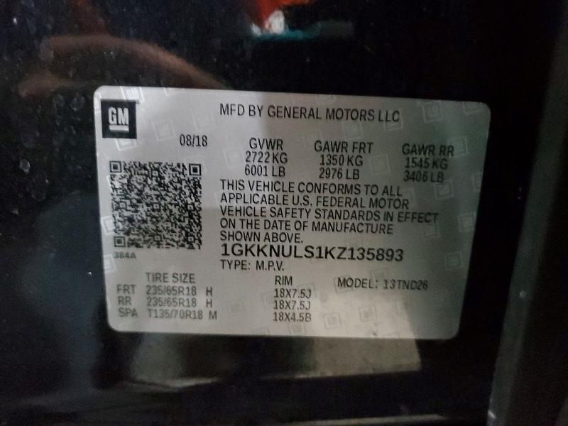 50677396 :رقم المزاد ، 1GKKNULS1KZ135893 vin ، 2019 Gmc Acadia مزاد بيع