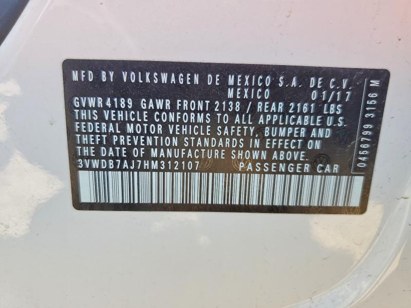 2017 Volkswagen Jetta მანქანა იყიდება აუქციონზე, vin: 3VWDB7AJ7HM312107, აუქციონის ნომერი: 50244006