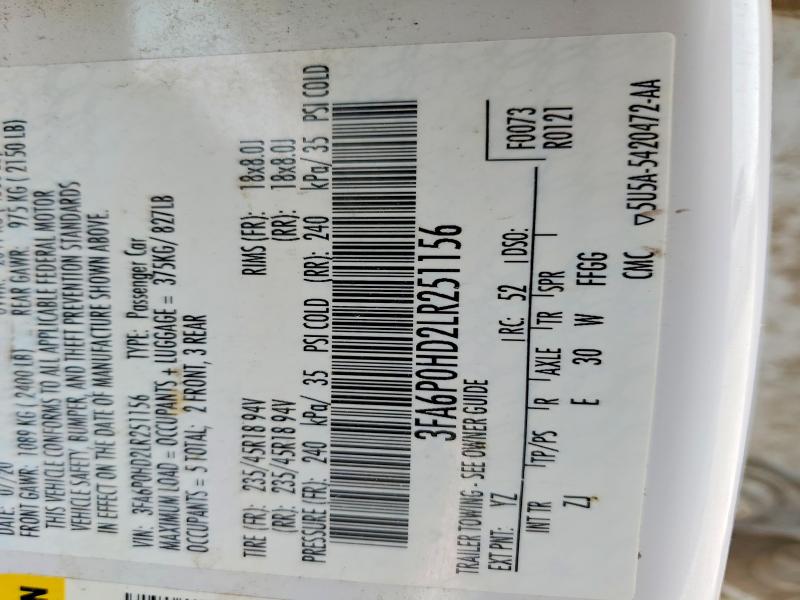 49084366 :رقم المزاد ، 3FA6P0HD2LR251156 vin ، 2020 Ford Fusion مزاد بيع