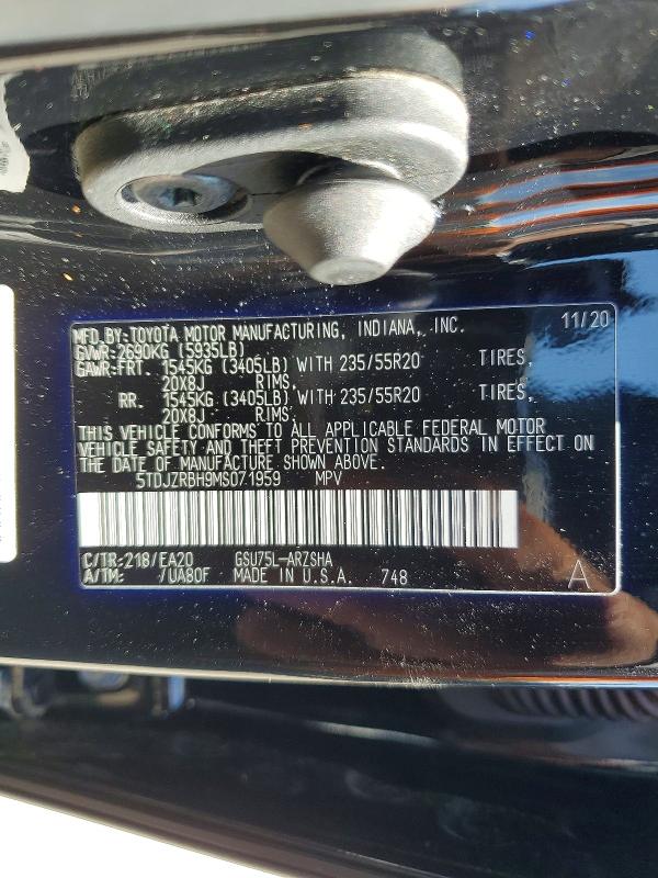 Aukcja sprzedaży 2021 Toyota Highlander, vin: 5TDJZRBH9MS071959, numer aukcji: 49993846