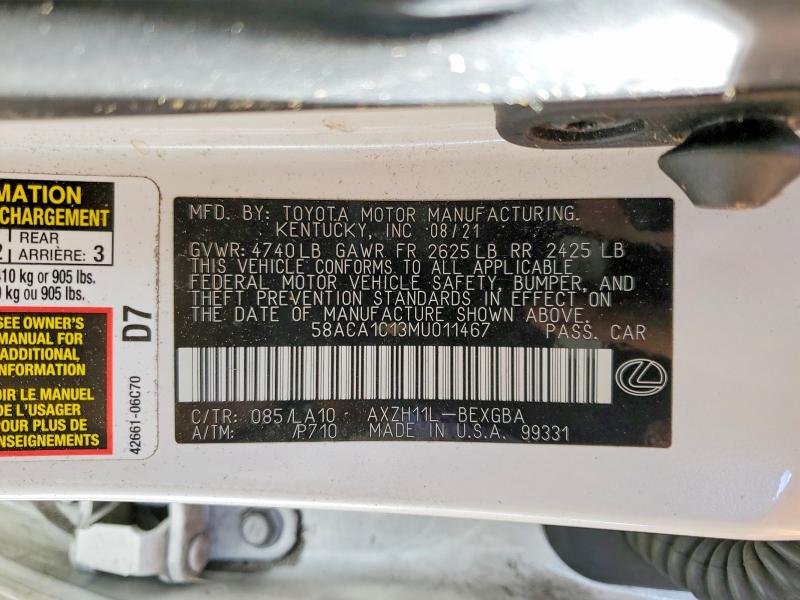 Продажа на аукционе авто 2021 Lexus Es 300h, vin: 58ACA1C13MU011467, номер лота: 48328786