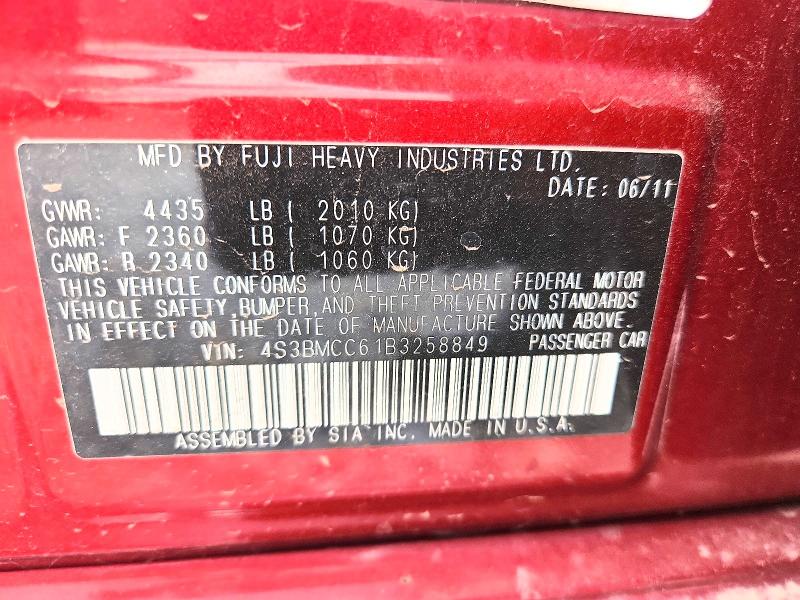 2011 Subaru Legacy მანქანა იყიდება აუქციონზე, vin: 4S3BMCC61B3258849, აუქციონის ნომერი: 49434126