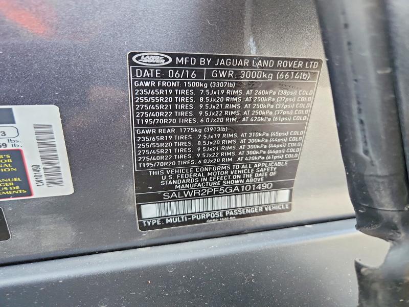 Aukcja sprzedaży 2016 Land Rover Range Rover Sport, vin: SALWR2PF5GA101490, numer aukcji: 51116166
