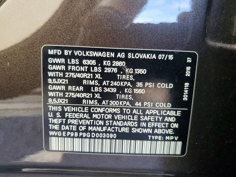 50668556 :رقم المزاد ، WVGEP9BP9GD003090 vin ، 2016 Volkswagen Touareg مزاد بيع