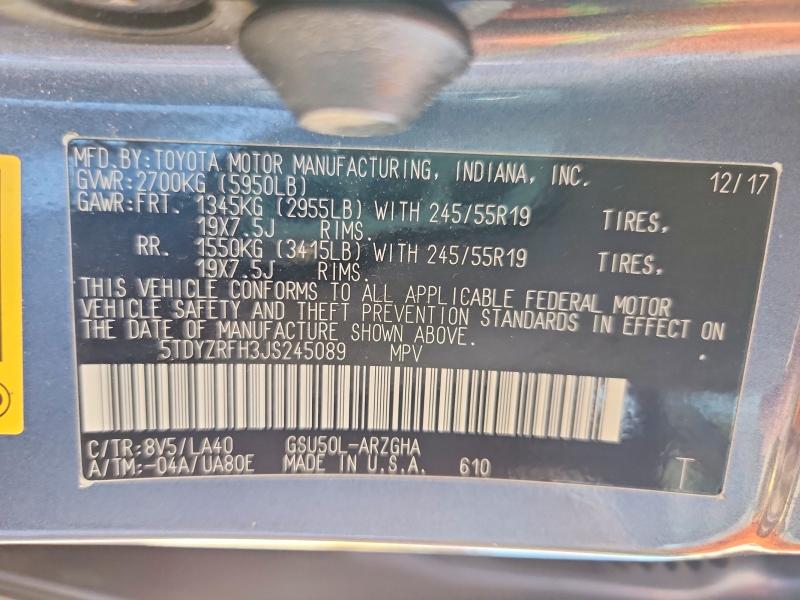 Aukcja sprzedaży 2018 Toyota Highlander, vin: 5TDYZRFH3JS245089, numer aukcji: 49092686