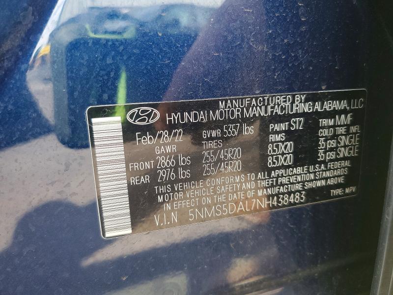 2022 Hyundai Santa Fe მანქანა იყიდება აუქციონზე, vin: 5NMS5DAL7NH438483, აუქციონის ნომერი: 51904966