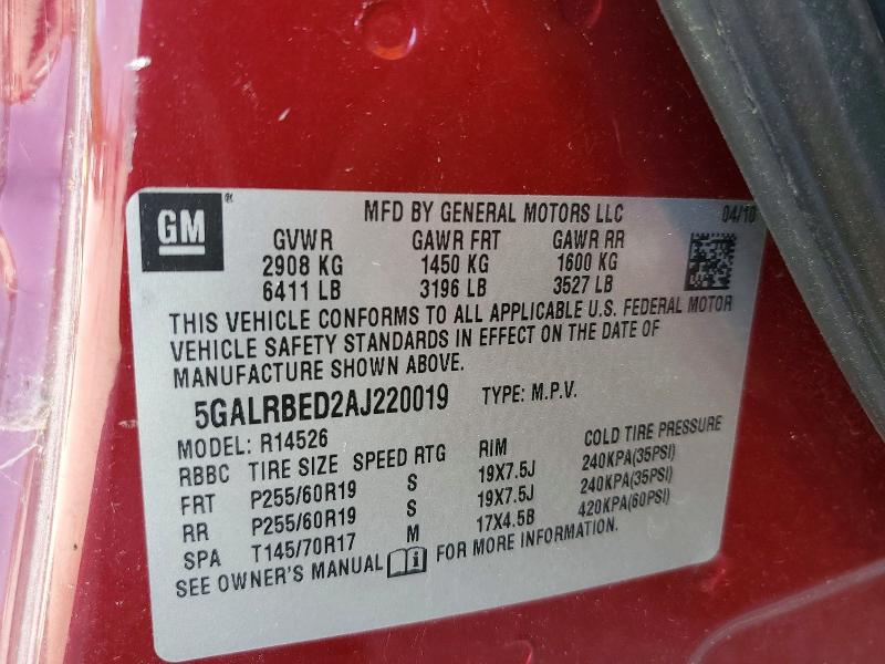 51082256 :رقم المزاد ، 5GALRBED2AJ220019 vin ، 2010 Buick Enclave مزاد بيع