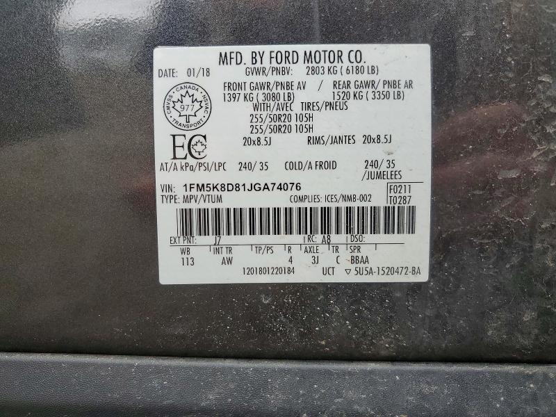 Aukcja sprzedaży 2018 Ford Explorer, vin: 1FM5K8D81JGA74076, numer aukcji: 50922876
