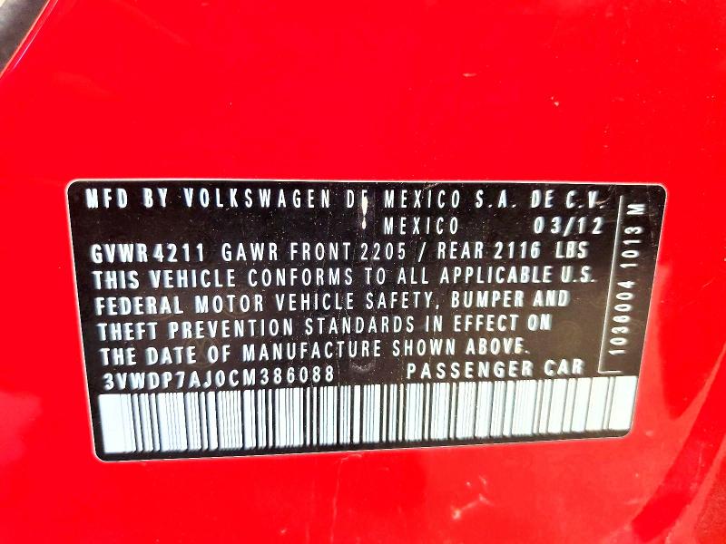 2012 Volkswagen Jetta მანქანა იყიდება აუქციონზე, vin: 3VWDP7AJ0CM386088, აუქციონის ნომერი: 49275986