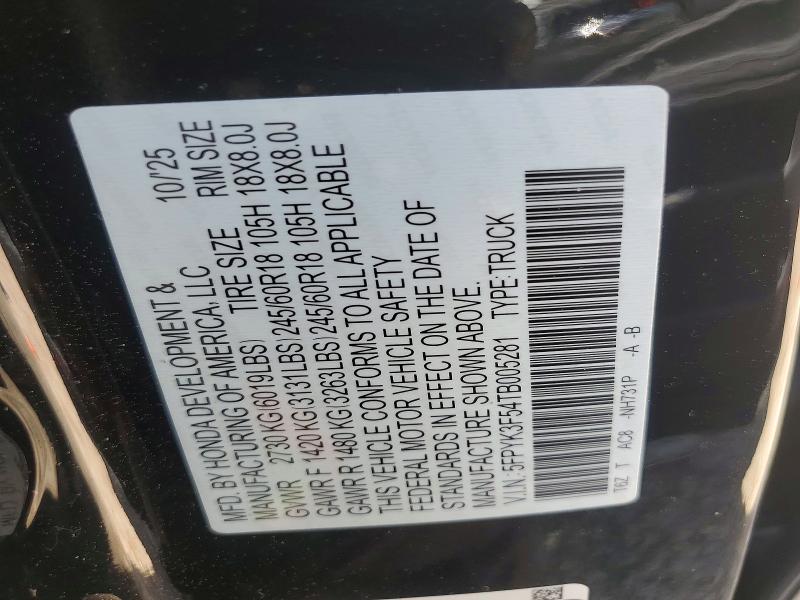 49294986 :رقم المزاد ، 5FPYK3F54TB005281 vin ، 2026 Honda Ridgeline مزاد بيع