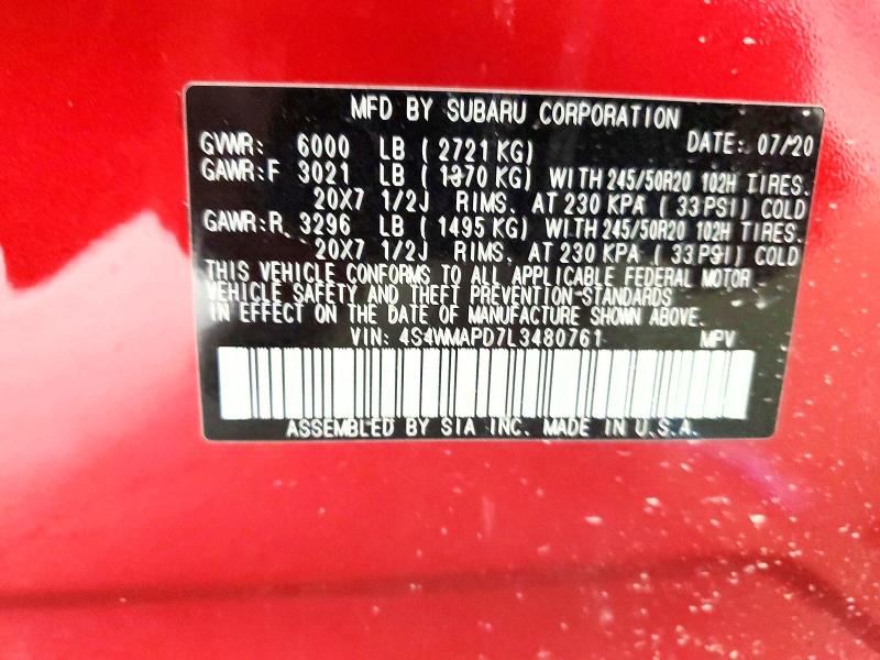 2020 Subaru Ascent მანქანა იყიდება აუქციონზე, vin: 4S4WMAPD7L3480761, აუქციონის ნომერი: 50488026