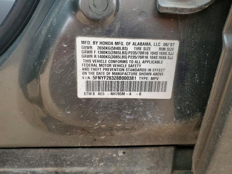 Продаж на аукціоні авто 2008 Honda Pilot, vin: 5FNYF28328B000381, номер лоту: 52039926