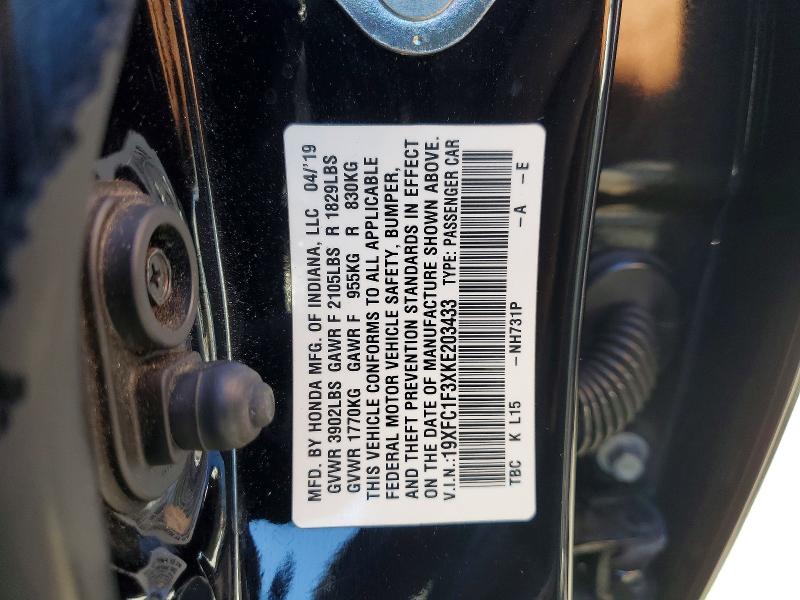 49290186 :رقم المزاد ، 19XFC1F3XKE203433 vin ، 2019 Honda Civic مزاد بيع