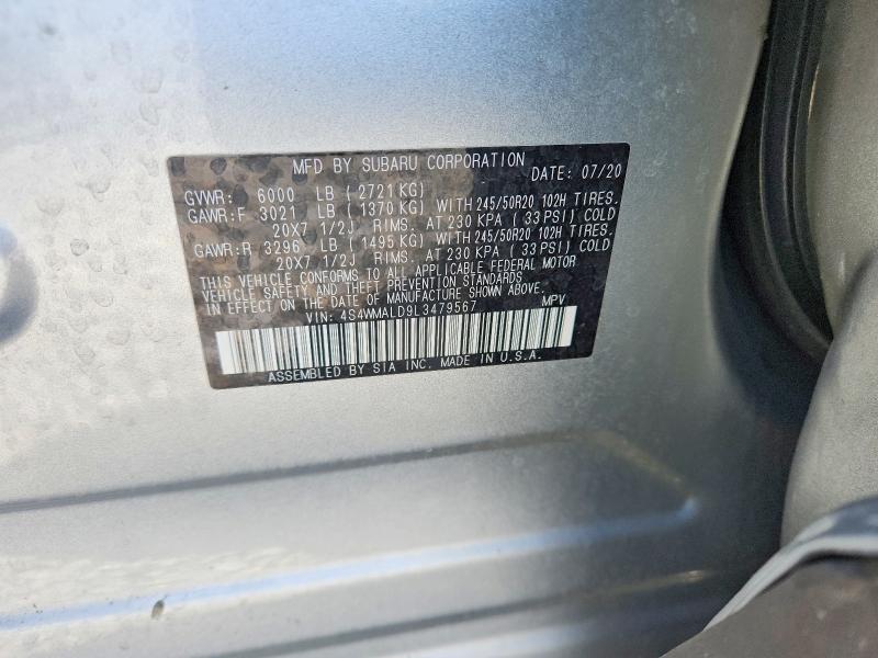 2020 Subaru Ascent მანქანა იყიდება აუქციონზე, vin: 4S4WMALD9L3479567, აუქციონის ნომერი: 50948296