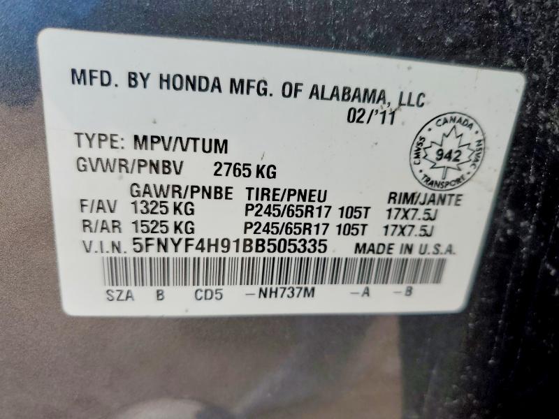 Продаж на аукціоні авто 2011 Honda Pilot, vin: 5FNYF4H91BB505335, номер лоту: 49482756