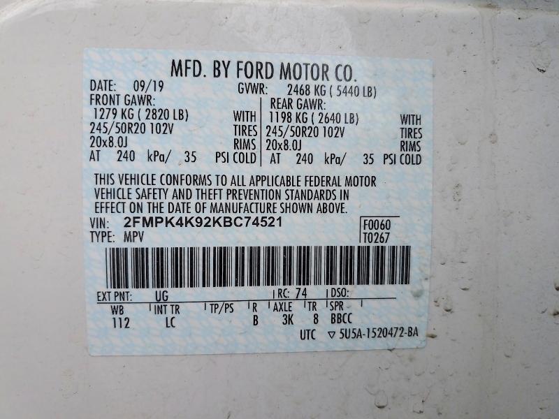 49921186 :رقم المزاد ، 2FMPK4K92KBC74521 vin ، 2019 Ford Edge مزاد بيع