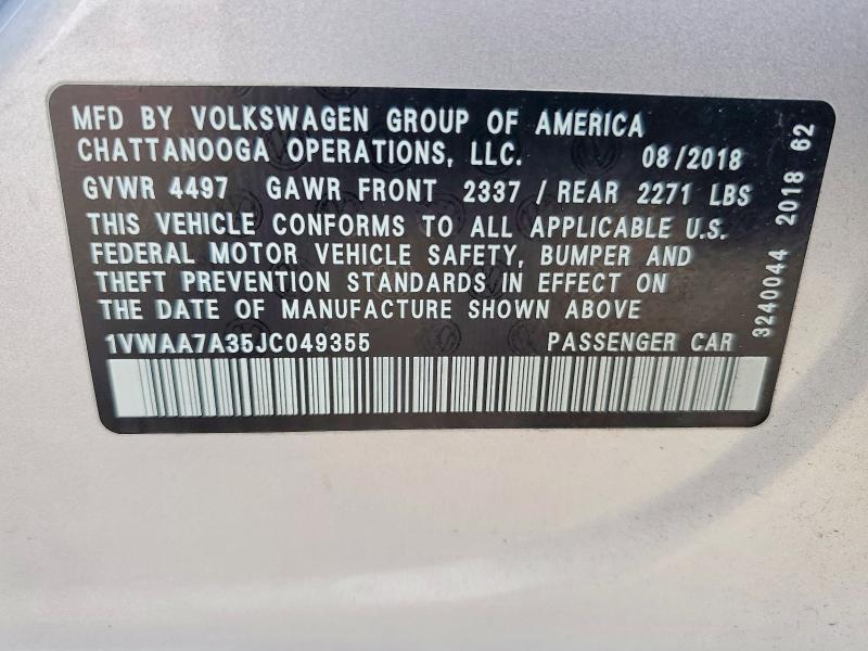 Продажа на аукционе авто 2018 Volkswagen Passat, vin: 1VWAA7A35JC049355, номер лота: 49914706