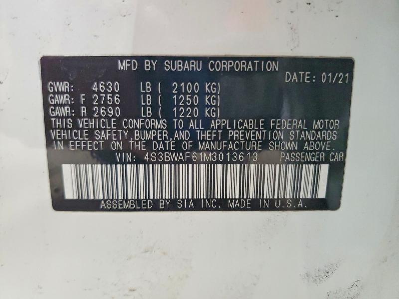 51687116 :رقم المزاد ، 4S3BWAF61M3013613 vin ، 2021 Subaru Legacy مزاد بيع
