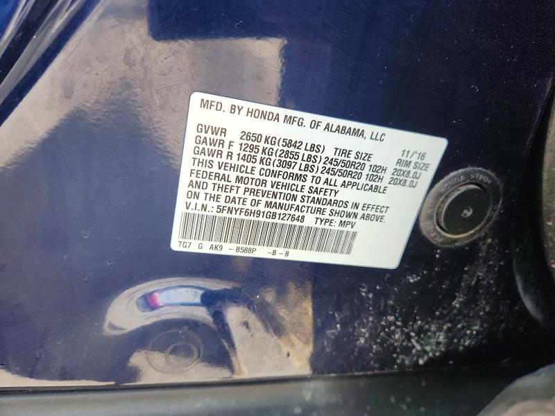 50367386 :رقم المزاد ، 5FNYF6H91GB127648 vin ، 2016 Honda Pilot مزاد بيع