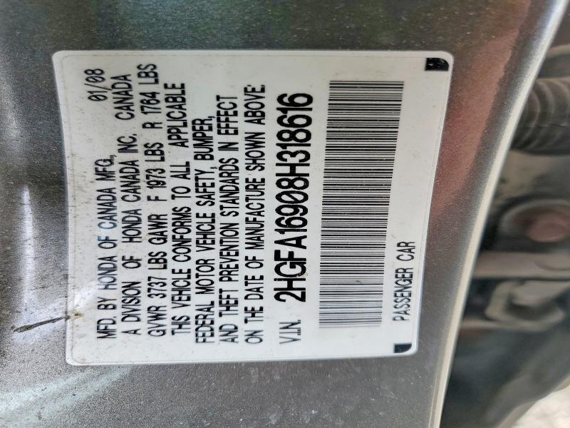 2008 Honda Civic მანქანა იყიდება აუქციონზე, vin: 2HGFA16908H318616, აუქციონის ნომერი: 50451456