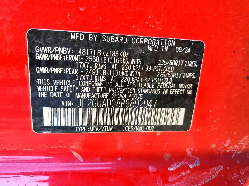 48902976 :رقم المزاد ، JF2GUADC8R8892947 vin ، 2024 Subaru Crosstrek مزاد بيع