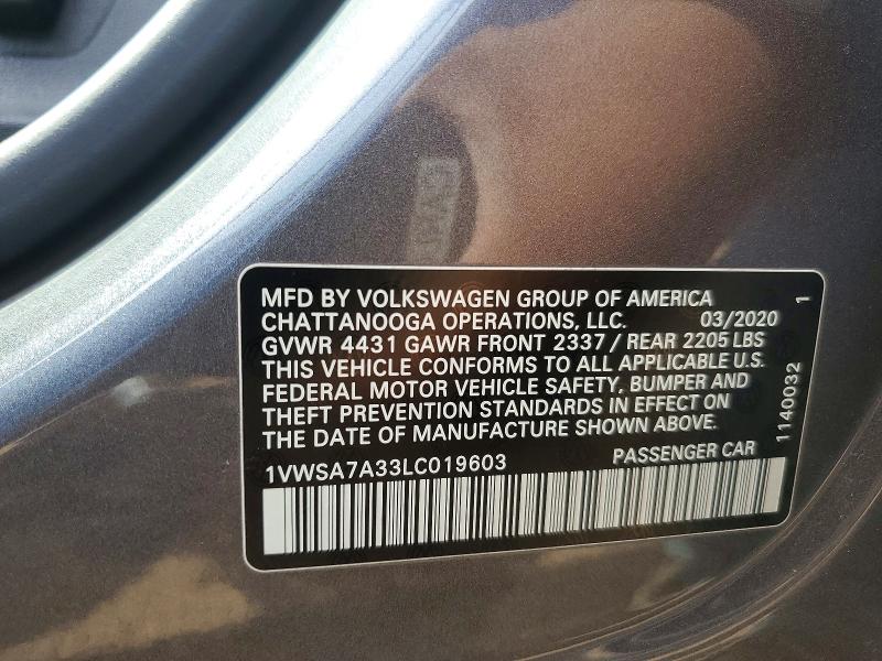 Продаж на аукціоні авто 2020 Volkswagen Passat, vin: 1VWSA7A33LC019603, номер лоту: 48973526