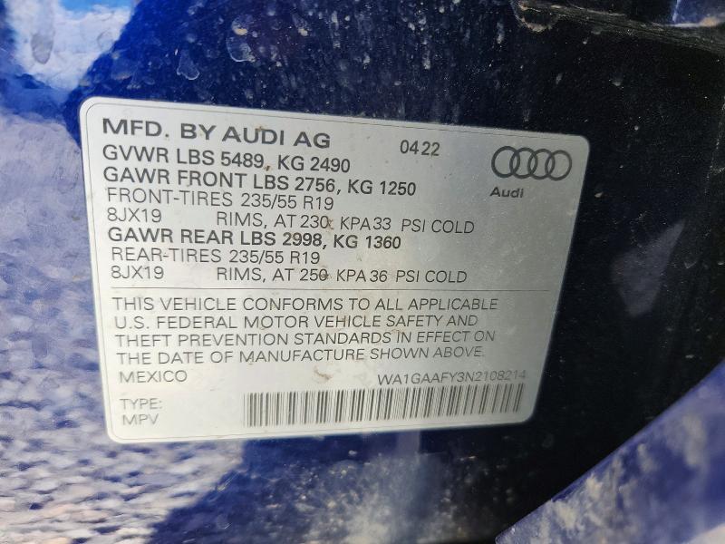 Aukcja sprzedaży 2022 Audi Q5, vin: WA1GAAFY3N2108214, numer aukcji: 51066376