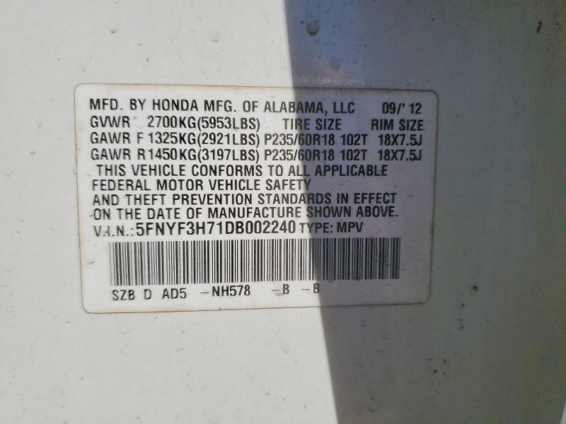 48993316 :رقم المزاد ، 5FNYF3H71DB002240 vin ، 2013 Honda Pilot مزاد بيع