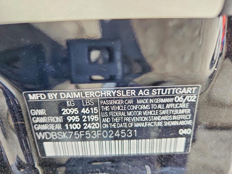 Aukcja sprzedaży 2003 Mercedes-benz Sl, vin: WDBSK75F53F024531, numer aukcji: 51762066
