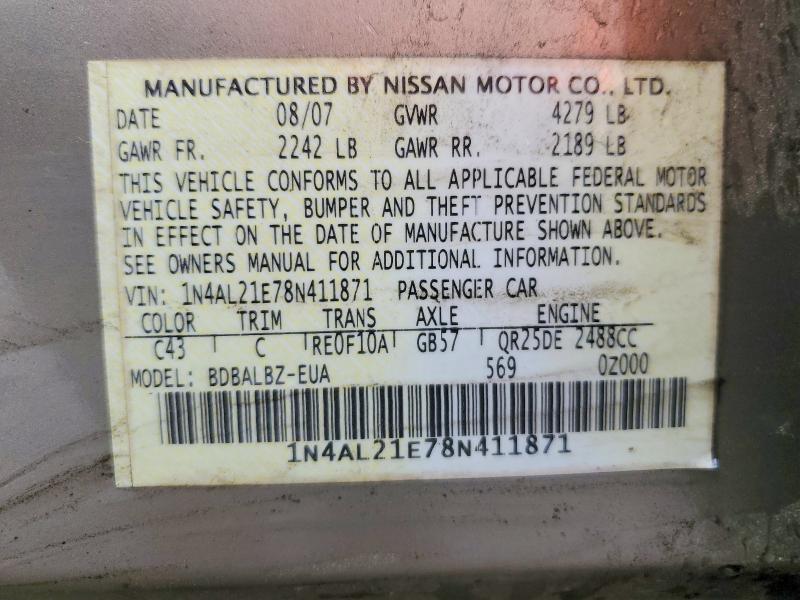 Aukcja sprzedaży 2008 Nissan Altima, vin: 1N4AL21E78N411871, numer aukcji: 52044186