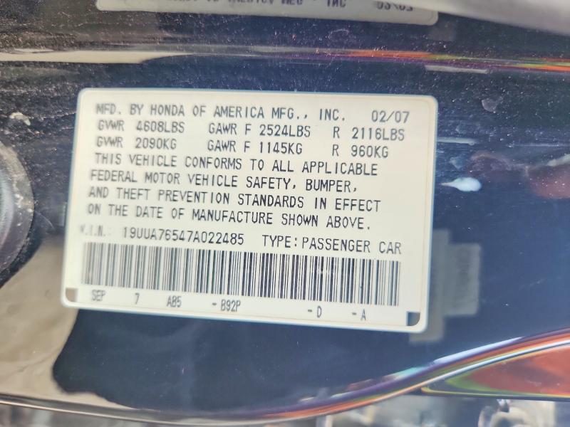 51298216 :رقم المزاد ، 19UUA76547A022485 vin ، 2007 Acura Tl مزاد بيع