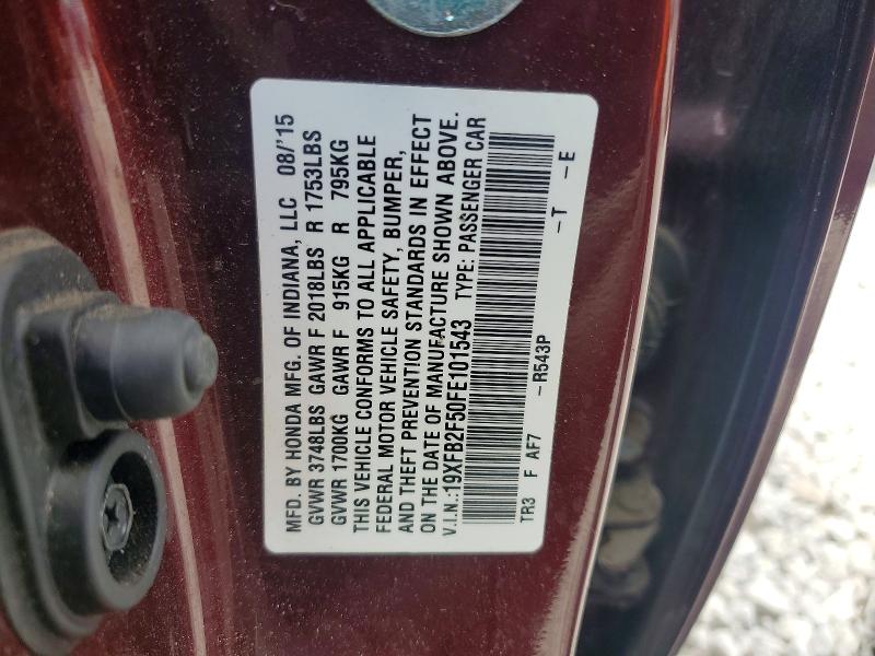 50547696 :رقم المزاد ، 19XFB2F50FE101543 vin ، 2015 Honda Civic مزاد بيع