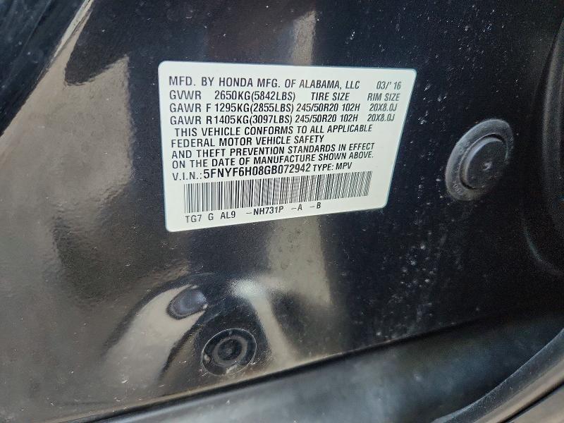 2016 Honda Pilot მანქანა იყიდება აუქციონზე, vin: 5FNYF6H08GB072942, აუქციონის ნომერი: 48703816