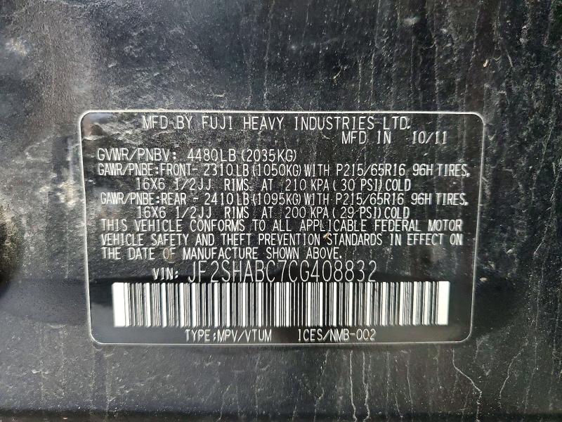 2012 Subaru Forester მანქანა იყიდება აუქციონზე, vin: JF2SHABC7CG408832, აუქციონის ნომერი: 51490406
