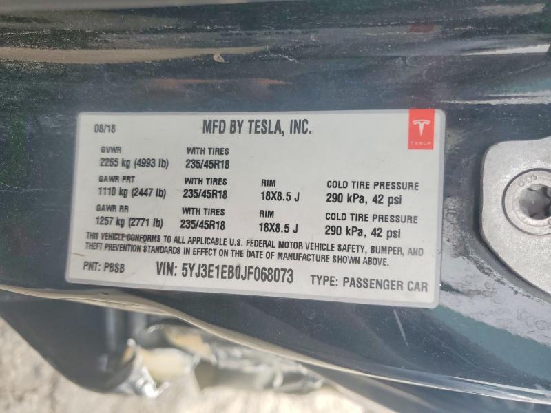 2018 Tesla Model 3 მანქანა იყიდება აუქციონზე, vin: 5YJ3E1EB0JF068073, აუქციონის ნომერი: 50101066