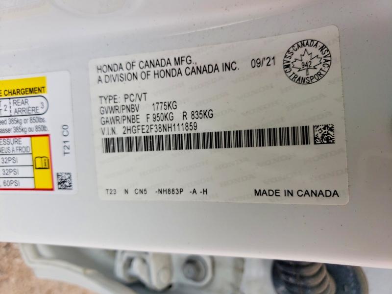 2022 Honda Civic მანქანა იყიდება აუქციონზე, vin: 2HGFE2F38NH111859, აუქციონის ნომერი: 48761136