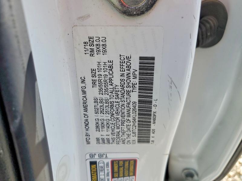50530346 :رقم المزاد ، 5J8TC2H54KL026409 vin ، 2019 Acura Rdx مزاد بيع