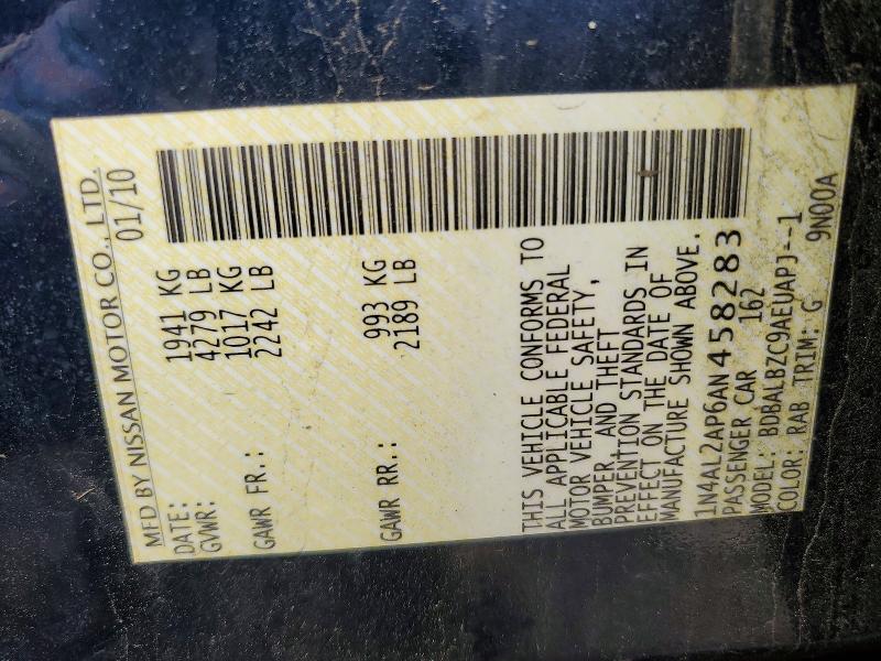 51607146 :رقم المزاد ، 1N4AL2AP6AN458283 vin ، 2010 Nissan Altima مزاد بيع
