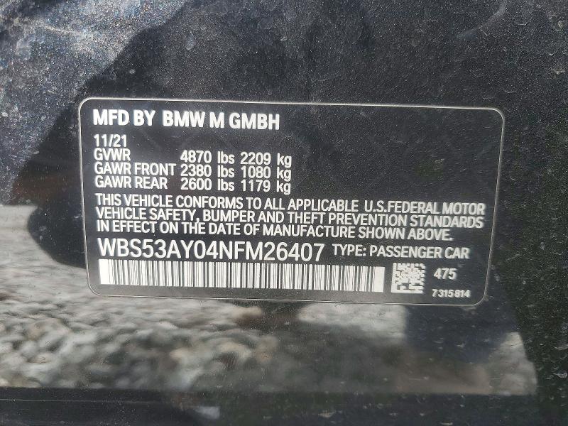 Продаж на аукціоні авто 2022 Bmw M3, vin: WBS53AY04NFM26407, номер лоту: 47693786