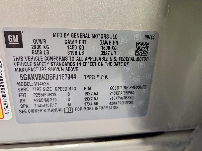 49057046 :رقم المزاد ، 5GAKVBKD8FJ167944 vin ، 2015 Buick Enclave مزاد بيع