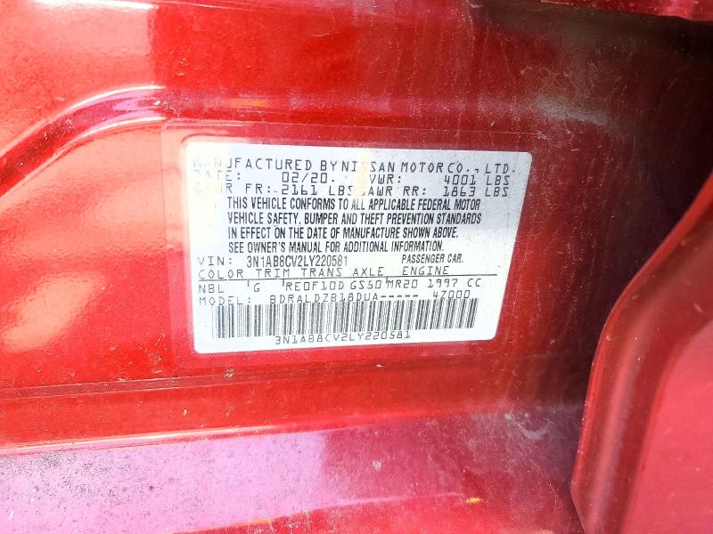 2020 Nissan Sentra მანქანა იყიდება აუქციონზე, vin: 3N1AB8CV2LY220581, აუქციონის ნომერი: 48817806