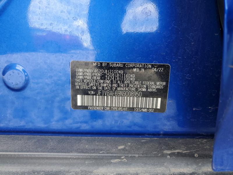 48998546 :رقم المزاد ، JF1VBAF69N9008950 vin ، 2022 Subaru Wrx مزاد بيع