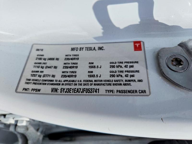 2018 Tesla Model 3 მანქანა იყიდება აუქციონზე, vin: 5YJ3E1EA7JF053741, აუქციონის ნომერი: 51141456