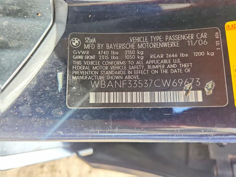 2007 Bmw 525 მანქანა იყიდება აუქციონზე, vin: WBANF33537CW69673, აუქციონის ნომერი: 51246046
